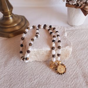 Colar Nossa Senhora das Graças (Olho de Tigre e Pérola)