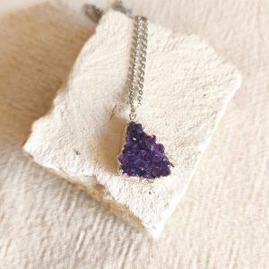 Colar de Drusa Ametista - Prata (Fio de Aço Inoxidável)